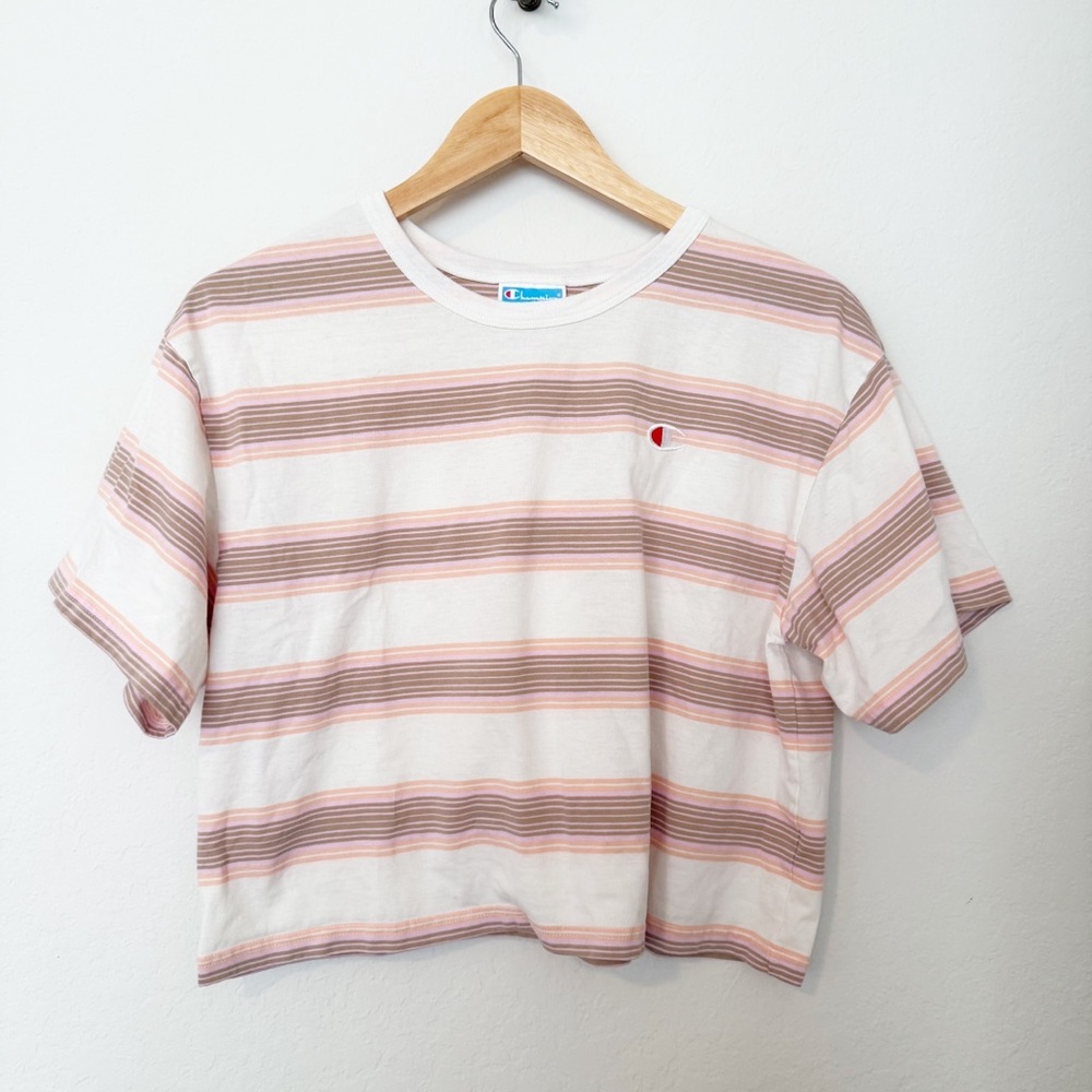Champion Striped Pink and White Cropped Boyfriend Skater T-Shirt - Size Large